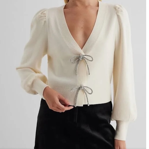 Express Holiday Bow Rhinestone Cardigan Cream - Picture 7 of 11